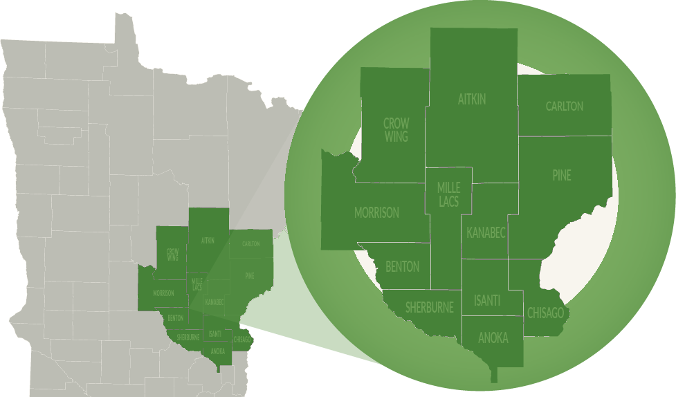 Map of Spring Vale Mutual's 12-county service area in East Central Minnesota